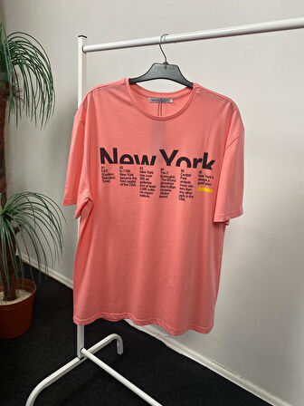 Kadın Bisiklet Yaka Oversize Kalıp New York Baskılı Tişort SPR24TSk112