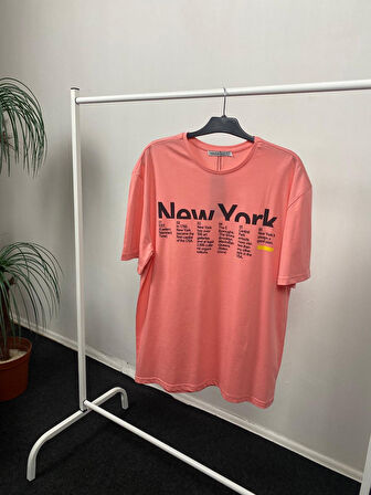 Kadın Bisiklet Yaka Oversize Kalıp New York Baskılı Tişort SPR24TSk112