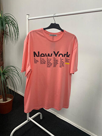 Kadın Bisiklet Yaka Oversize Kalıp New York Baskılı Tişort SPR24TSk112