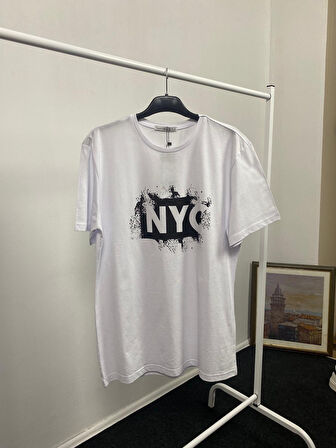 Kadın Bisiklet Yaka Oversize Fit NYC Baskılı Tişort SPR24TSk114