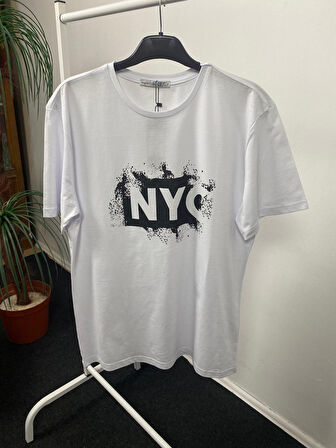 Kadın Bisiklet Yaka Oversize Fit NYC Baskılı Tişort SPR24TSk114