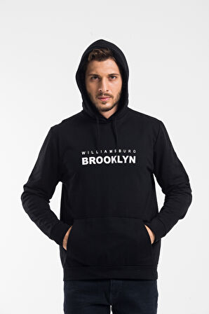 Erkek Kapşonlu Rahat Kalıp İnce Wıllamsburg Brooklyn Baskılı Swetashırt spr24sw123
