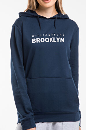 Kadın Kapşonlu Rahat Kalıp İnce Wıllamsburg Brooklyn Baskılı Swetashırt spr24swk123
