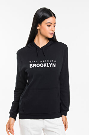 Kadın Kapşonlu Rahat Kalıp İnce Wıllamsburg Brooklyn Baskılı Swetashırt spr24swk123