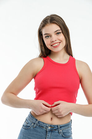 Süperlife Kadın Crop Örme Arkası Yüksek Yaka Slim Fit  Atlet-Tişort SPR21Y11