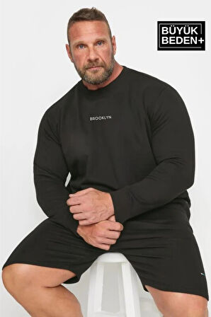 Erkek Orta Brooklyn Baskılı Büyük Beden İnce Bisiklet Yaka Swatshırt SPR25BSW60