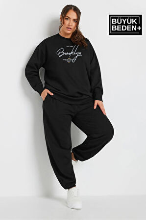 Kadın El Yazılı Brooklyn Baskılı Büyük Beden İnce Bisiklet Yaka Swatshırt SPR25BSWK59