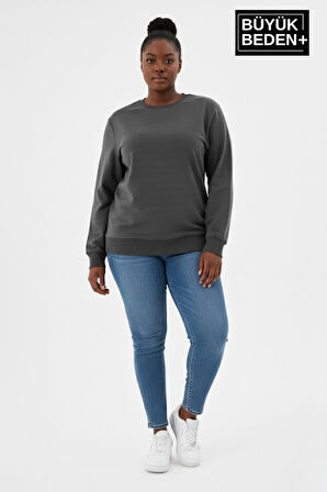 Kadın Büyük Beden Bisiklet Yaka Kollar ve Etek Ribanalı İnce Sweatshirt SPR26BSW956