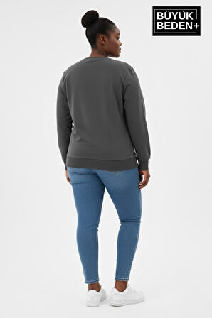 Kadın Büyük Beden Bisiklet Yaka Kollar ve Etek Ribanalı İnce Sweatshirt SPR26BSW956