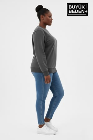 Kadın Büyük Beden Bisiklet Yaka Kollar ve Etek Ribanalı İnce Sweatshirt SPR26BSW956