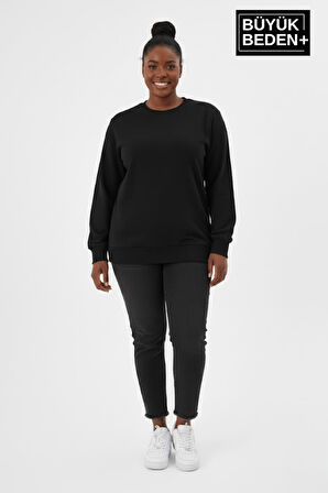 Kadın Büyük Beden Bisiklet Yaka Kollar ve Etek Ribanalı İnce Sweatshirt SPR26BSW956