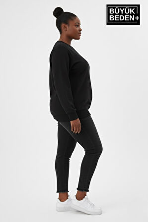 Kadın Büyük Beden Bisiklet Yaka Kollar ve Etek Ribanalı İnce Sweatshirt SPR26BSW956