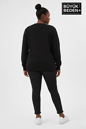 Kadın Büyük Beden Bisiklet Yaka Kollar ve Etek Ribanalı İnce Sweatshirt SPR26BSW956
