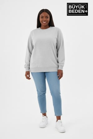 Kadın Büyük Beden Bisiklet Yaka Kollar ve Etek Ribanalı İnce Sweatshirt SPR26BSW956