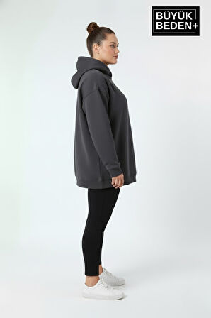 Kadın Büyük Beden İnce Kapşonlu Kollar Ve Etek Ribanalı Swatshırt SPR26BSWK957