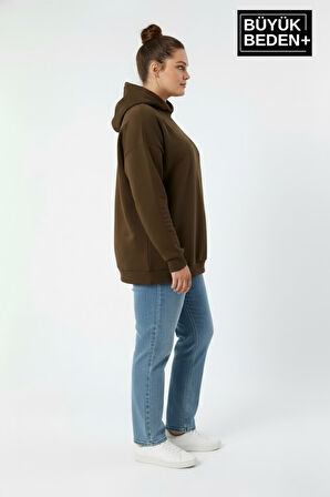 Kadın Büyük Beden İnce Kapşonlu Kollar Ve Etek Ribanalı Swatshırt SPR26BSWK957