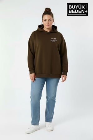 Kadın Büyük Beden Chef Baskılı Kapüşonlu Rahat Kalıp Sweatshirt SPR26BSWK966