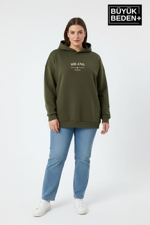 Kadın Büyük Beden Kapşonlu Rahat Kalıp Hoodie – Milano Italia Baskılı Sweatshırt SPR26BSWK967