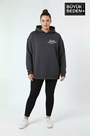 Kadın Büyük Beden Rahat Kalıp Hoodie -Unified Baskılı Kapüşonlu Sweatshirt SPR26BSWK968