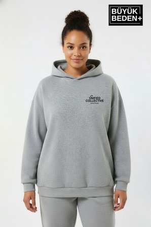 Kadın Büyük Beden Rahat Kalıp Hoodie -Unified Baskılı Kapüşonlu Sweatshirt SPR26BSWK968