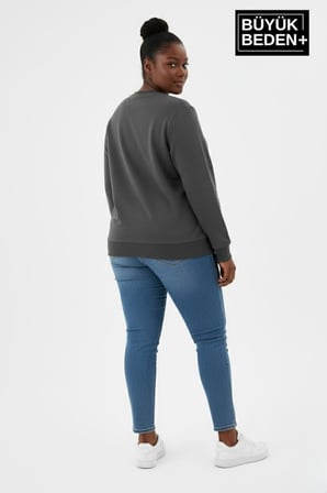 Kadın Büyük Beden El Yazılı California Baskılı Bisiklet Yaka ince Sweatshirt SPR26BSWK956-7