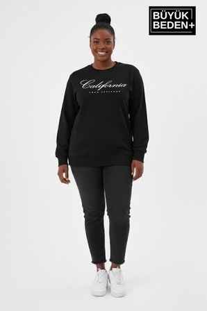 Kadın Büyük Beden El Yazılı California Baskılı Bisiklet Yaka ince Sweatshirt SPR26BSWK956-7