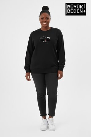 Kadın Büyük Beden MİLANO İTALiA Baskılı Bisiklet Yaka İnce Sweatshirt SPR26BSWK956-9