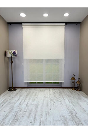 Çift Mekanizmalı Beyaz Çizgili Desenli Tül ve Beyaz Mat Stor Perde