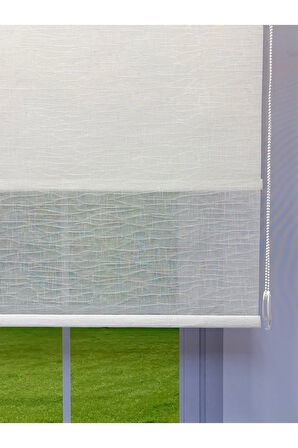 Çift Mekanizmalı Beyaz Çizgili Desenli Tül ve Beyaz Mat Stor Perde