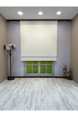 Çift Mekanizmalı Beyaz Çizgili Desenli Tül ve Beyaz Mat Stor Perde