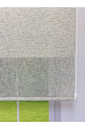 Çift Mekanizmalı Açık Gri Çizgili Desenli Tül ve Beyaz Mat Stor Perde