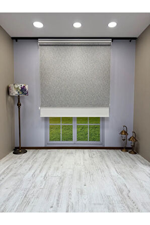 Çift Mekanizmalı Açık Gri Çizgili Desenli Tül ve Beyaz Mat Stor Perde