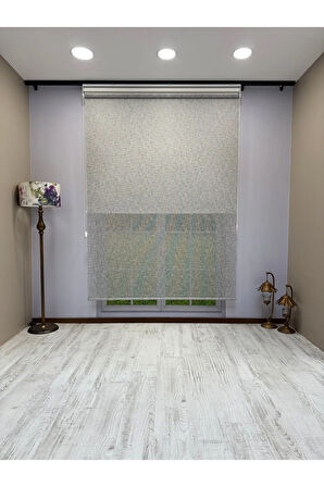 Çift Mekanizmalı Açık Gri Çizgili Desenli Tül ve Beyaz Mat Stor Perde