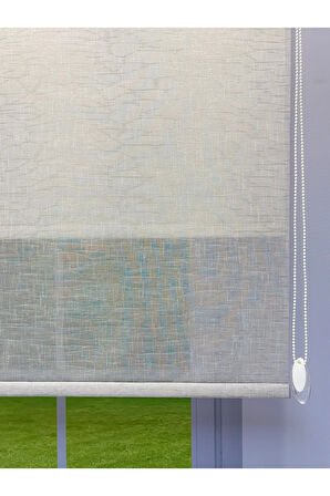 Çift Mekanizmalı Açık Gri Çizgili Desenli Tül ve Beyaz Mat Stor Perde