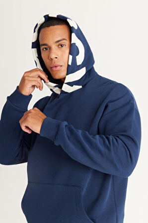 Erkek Lacivert Oversize Fit Bol Kesim Kapüşonlu İçi Polarlı Pamuklu Kapüşonlu Sweatshirt