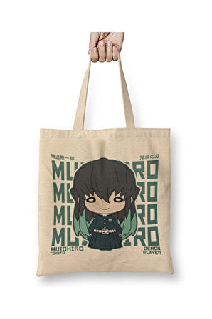 Demon Slayer Muichiro Chibi İblis Keser Beyaz Bez Çanta Uzun Saplı Alışveriş Çantası Plaj Çantası