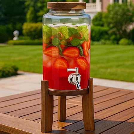 Mien Musluklu Cam Sebil 5 lt Ahşap Standlı Soğuk İçecek Dispenseri