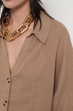 KADIN %100 KETEN V YAKA DÜZ RENK GÖMLEK