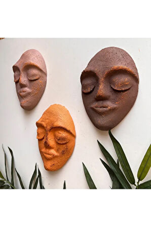 El Yapımı Yüz Heykeli Taş Duvar Dekoru 3'li Set, Modern Tasarım, Eskitme Taş Görünümlü Duvar Mask