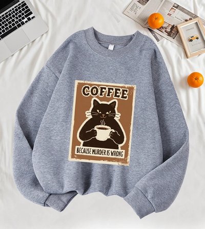 Çünkü Cinayet Yanlış Kahve Siyah Kedi Baskı Kazak Kadın Sonbahar Rahat Hipster Yumuşak Kazak