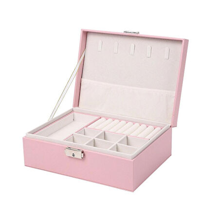 Kilitli Mini Mücevher Takı Kutusu - Sepetli 2 Bölüm Pembe Takı Organizeri