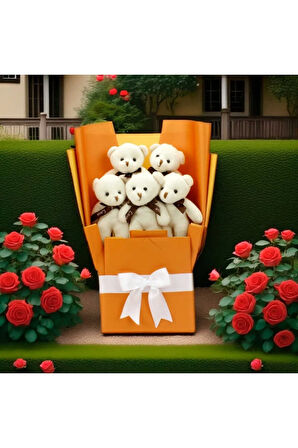 Beyaz Peluş Ayıcık Buketi Turuncu Kare Dekor