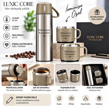 LUXIC CORE Kişiye Özel İsimli Paslanmaz Çelik Termos ve 2’li Bardak Seti