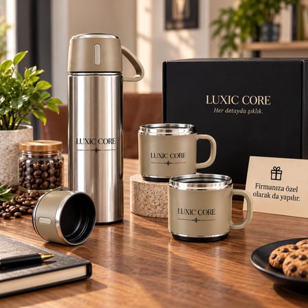 LUXIC CORE Kişiye Özel İsimli Paslanmaz Çelik Termos ve 2’li Bardak Seti