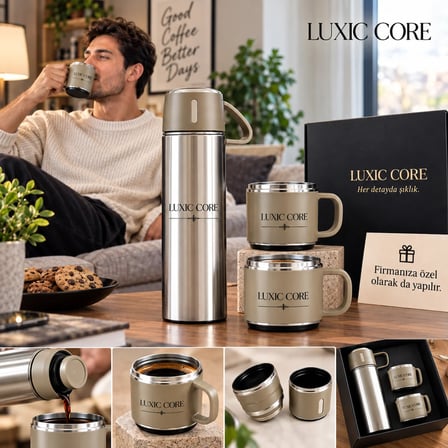 LUXIC CORE Kişiye Özel İsimli Paslanmaz Çelik Termos ve 2’li Bardak Seti