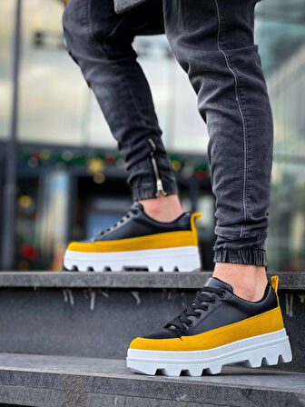 Kb-056 Kuback Siyah Sarı Detaylı Beyaz Yüksek Taban Günlük Erkek Spor Ayakkabı