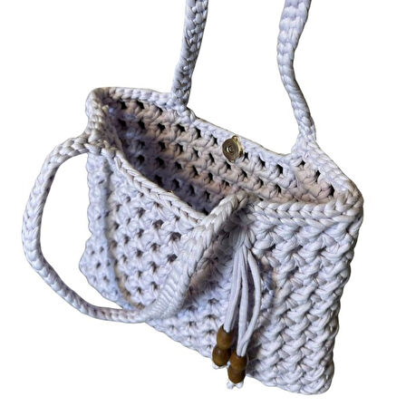 Uretti - Emine 9106 El Örgüsü Ahşap Boncuk Detaylı Penye Kumaş Omuz Çantası - 27 x 21