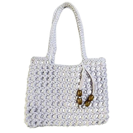 Uretti - Emine 9106 El Örgüsü Ahşap Boncuk Detaylı Penye Kumaş Omuz Çantası - 27 x 21