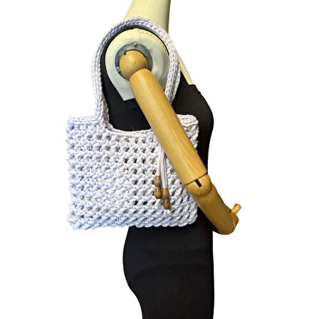 Uretti - Emine 9106 El Örgüsü Ahşap Boncuk Detaylı Penye Kumaş Omuz Çantası - 27 x 21