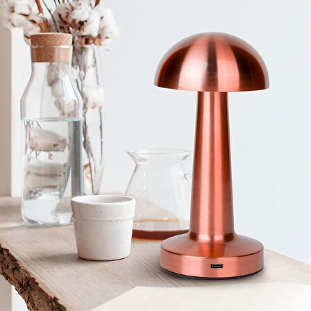 CELİK AVM® Mantar Model Bronz Renk Şarjlı Dokunmatik 3 Renkli LED Masa Lambası